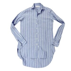 ANN MASHBURN Women’s Cotton Poplin Boyfriend Shirt in Striped Blue/White Size S